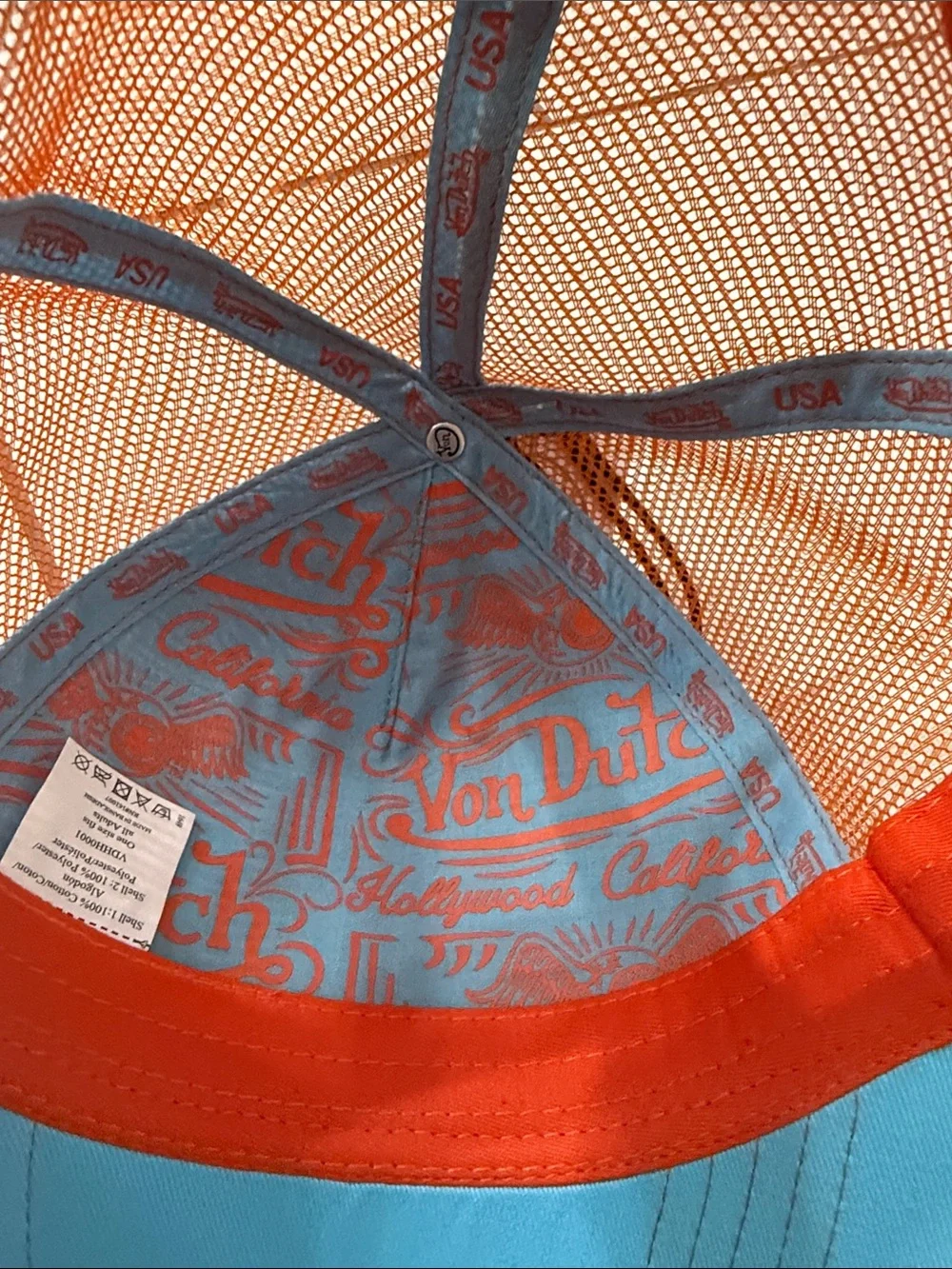 Von Dutch Orange and Light Blue Logo Trucker Hat..nwt ..o/s..sunset haze..unisex